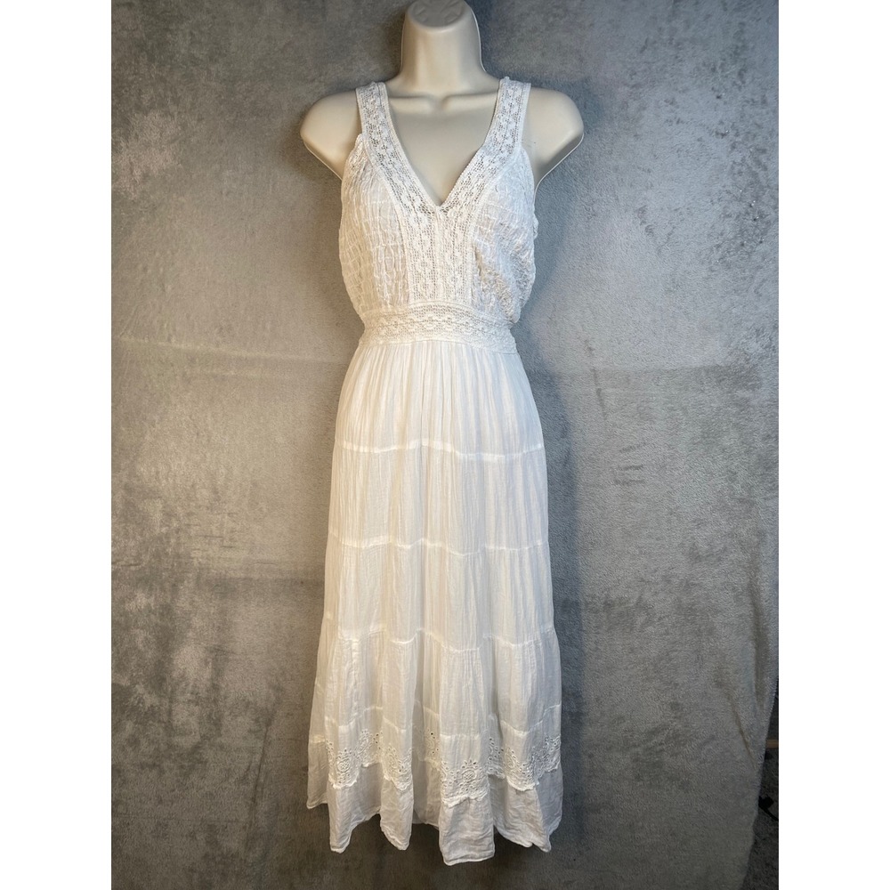 S.R. Fashion Cotton Boho Maxi Dress Small Eyelet Boho Shabby Chic Coastal Fairy
